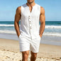 Men Simple Solid Linen Sleeveless Vest Shirt Shorts Set Summer Beach Casual Outfit