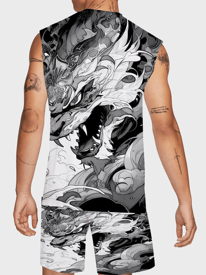 Men's Hawaiian Print Tank Top and Shorts Set Vibrant Polyester Summer Beach Suit Standard Size