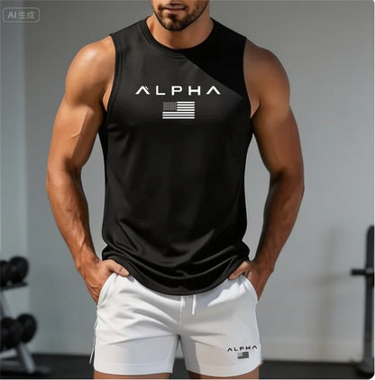 2026 Alpha Men's Printed Round-neck Fitness Vest+shorts Undershirt, Muscle Quick-drying Basketball Vest