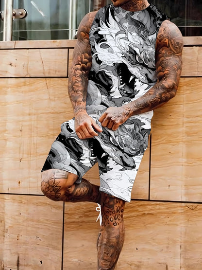 Men's Hawaiian Print Tank Top and Shorts Set Vibrant Polyester Summer Beach Suit Standard Size